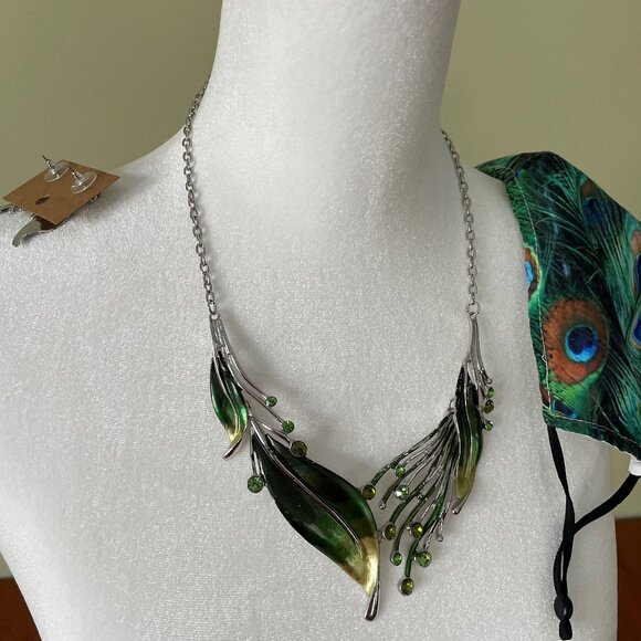 Adorable Peacock Necklace, Earrings, & Cotton Face Mask Set - Picture 4 of 12